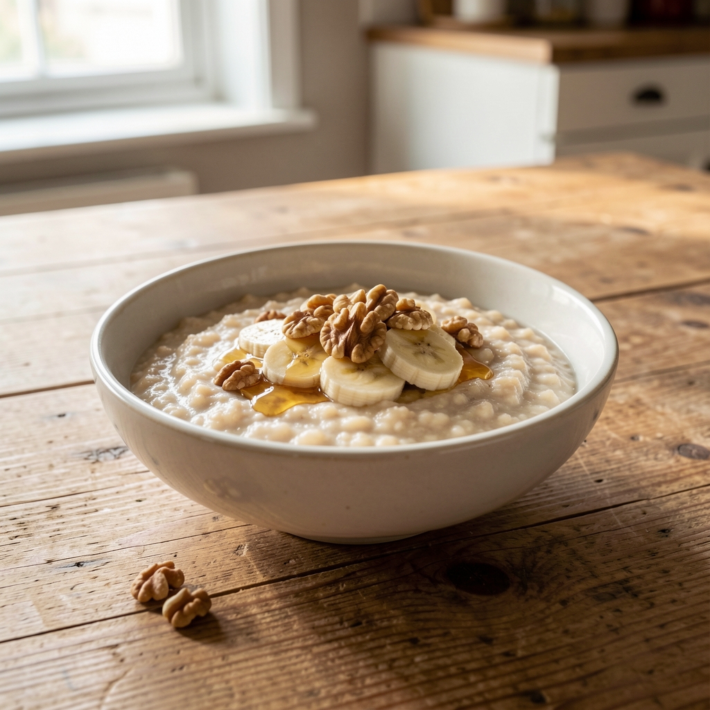 A wooden kitchen table set with a bowl of warm porridge topped with sliced banana, walnuts, and a drizzle of honey, photographed in soft morning light