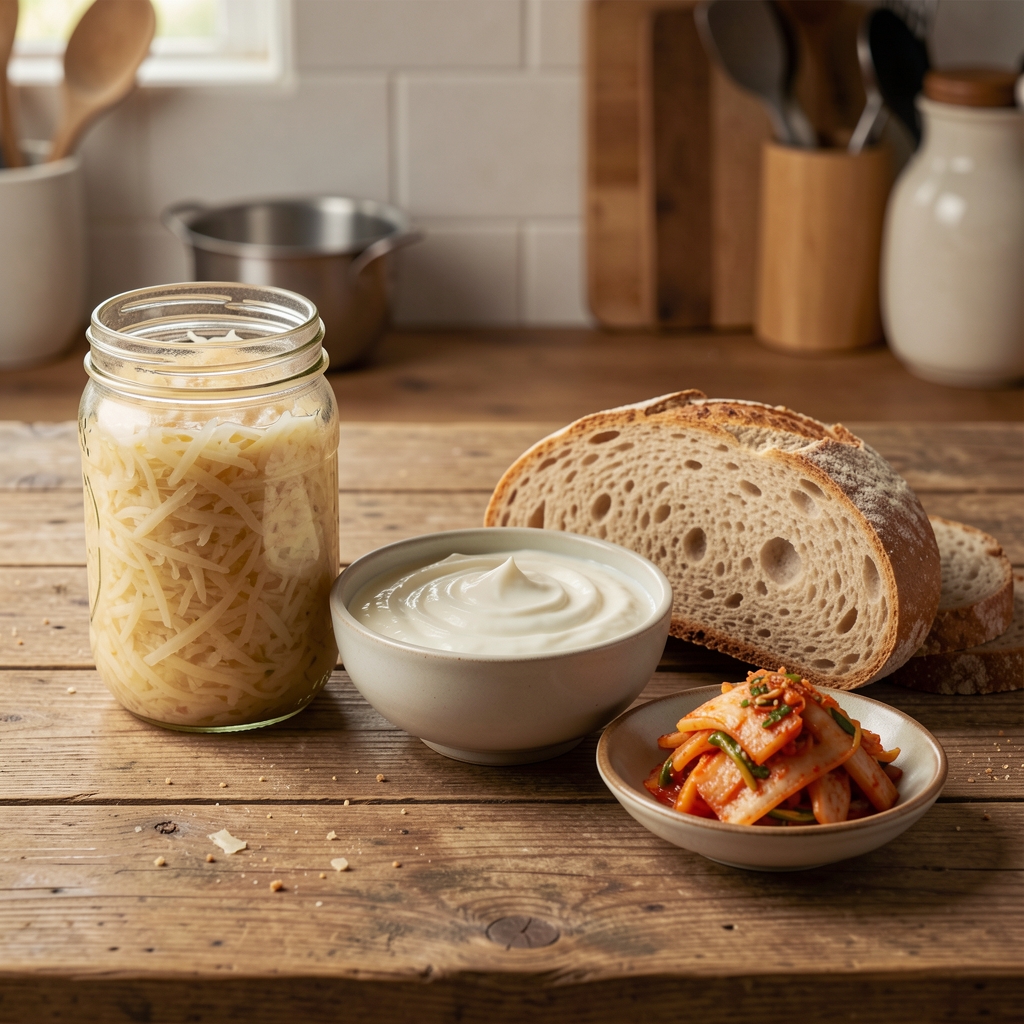 A selection of fermented foods arranged on a rustic kitchen surface: a jar of sauerkraut, a bowl of natural yoghurt, sliced sourdough bread, and a small dish of kimchi