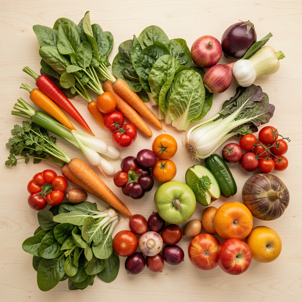 Overhead view of a well-organised kitchen counter with a colourful array of fresh vegetables, leafy greens, and seasonal produce arranged on a pale wooden surface